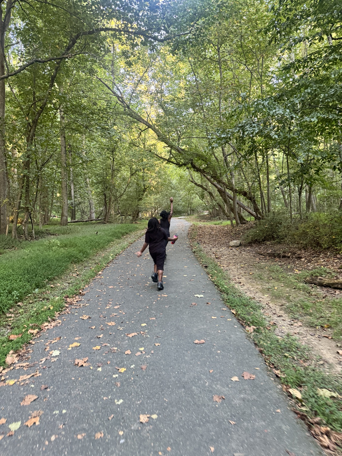 Two children walking ahead on a wooded hiking trail surrounded by trees.