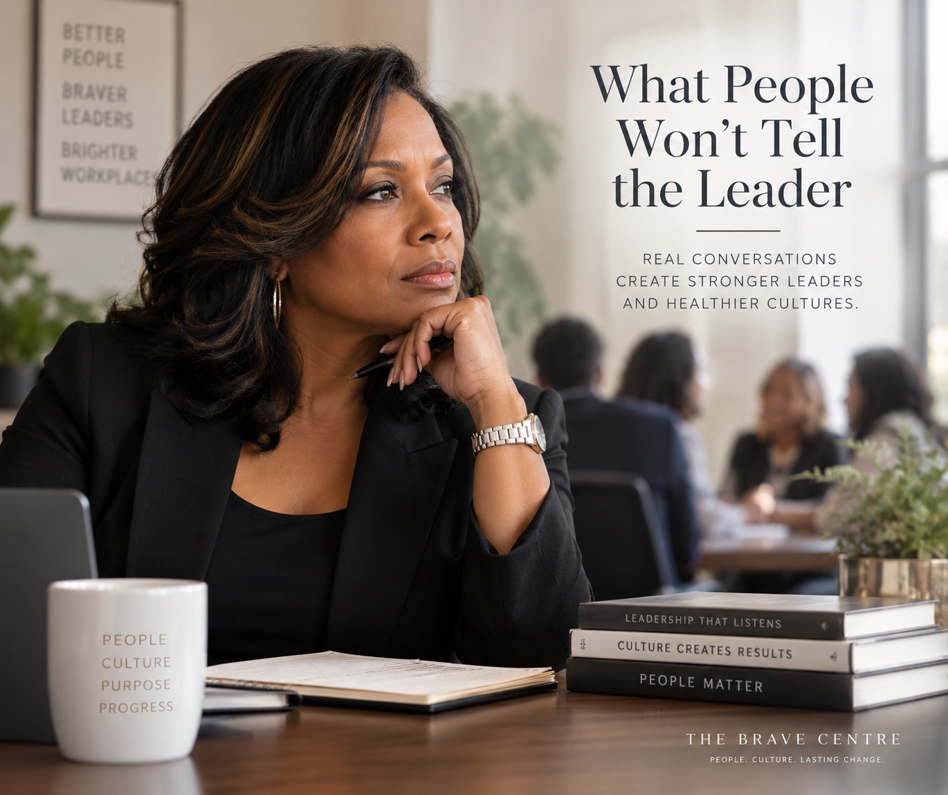 A thoughtful Black woman leader seated in a meeting space with the title What People Won't Tell the Leader.